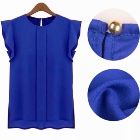 Blue Chiffon Flutter Sleeve Cap Sleeve Blouse L or XL - Picture 2 of 8
